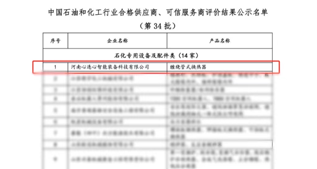 喜报！心连心智能装备公司获评中国石油和化工行业合格供应商、可信服务商